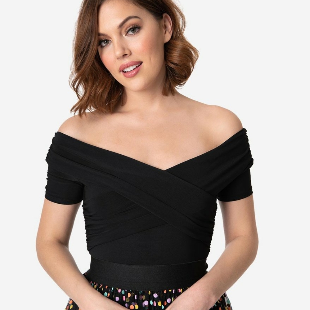 Unique Vintage Black Off Shoulder Bodysuit